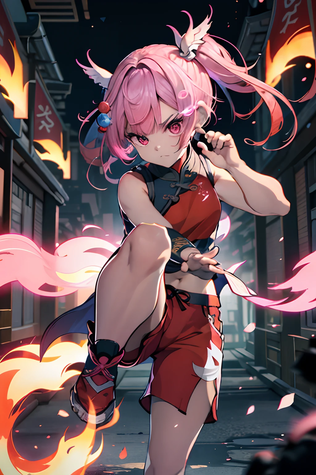 Kungfu、A pink-haired、side poneyTail、chinese clothes、Sleeveless、shortpants、Blunt bangs、Short ponytail、Side Up、Photorealsitic, hight resolution, 1 rapariga, Korea person, Eye of Fire