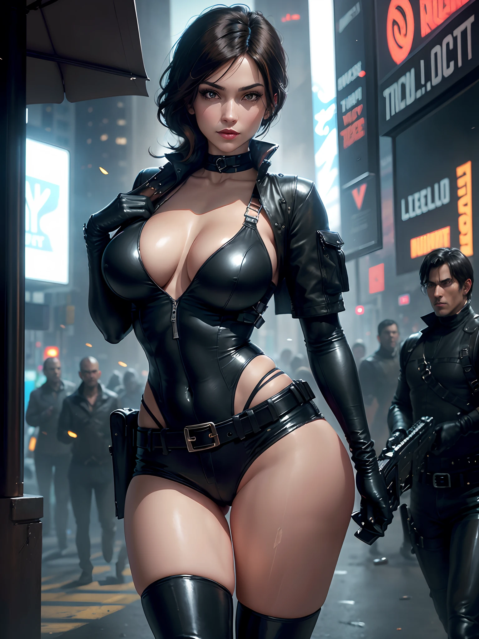 (New York: 1.3), (time square), (master piece, best quality: 1.2)(Zombies in the background: 1.2), Alice Resident Evil, 1 girl, only, long hair, breasts, smile, big breasts, fur brown, blue eyes, West, big hair, blonde hair, light hair, parted lips, costume, Two-tone hair, open jacket, outlined lips, Black bodysuit, covered navel, makeup, muscular, headband, Abs, tight skin , tight black clothes, muscular female, dyed bangs, black bodysuit, full body suit, (shorts and leather belt: 1.5), (Big Tech Gun: 1.3), Looking at Viewer, (medium boobs: 1.3), ( hanging breasts: 1.3), (full breasts: 1.3), (realism: 1.5), (Realisitc: 1.4), (Absurdity: 1.4), 8k, ultra-detailed, Detailed beautiful woman, (only: 1.4), 1girl, ( Viewer facing:1.2),