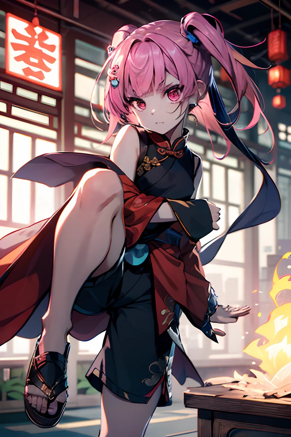 Kungfu、A pink-haired、side poneyTail、chinese clothes、Sleeveless、shortpants、Blunt bangs、Short ponytail、Side Up、Photorealsitic, hight resolution, 1 rapariga, Korea person, Eye of Fire
