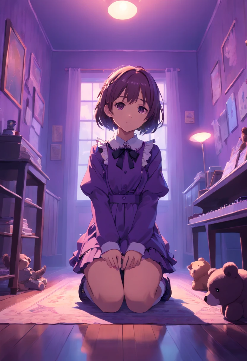 A sad  girl with a lolita outfit, on her knees, holding a teddybear, in the middle of a dark purple room, shadow monsters around her, shadow hands, trauma