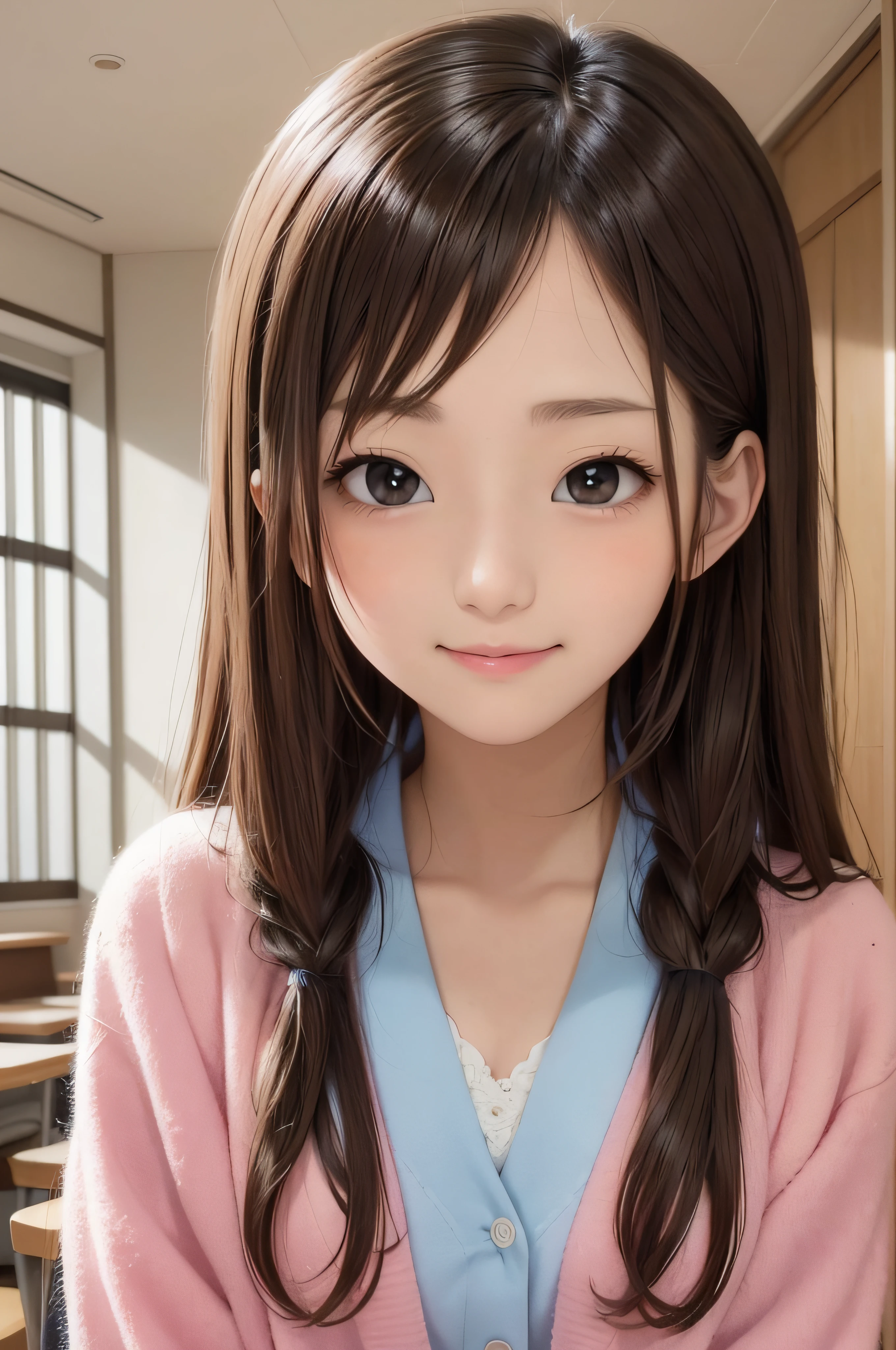 -yeld wo、soio、brown haired、beautidful eyes、real looking skin、A detailed eye、hi-school girl、(8K、masterpiece)、(reallistic、Photorealsitic)、top-quality、ighly detailed、The ultra-detailliert、Beautie、cute little、Korea person、a smile、Close-up portrait、Healthy face、schools、School uniform、Cardigan、plaid skirts