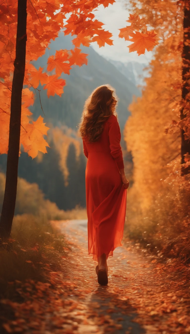 Highly detailed masterpiece 8K high-resolution content,Autumn alpine valley,Flaming red maple,eventide,Scenic beauty,Autumn leaves float in the air,There are sparkling particles fluttering,Warm light background,1 girl walking on the road,Surrealist portraits of women by David Hockney and Alphonse Mucha,hair glowing,s the perfect face,Melancholy eyes,brunette color hair,long whitr hair,Wear a jacket,Lazy movements,warm and comfortable,With a little cool autumn light,warm color:High saturation,Bright composition。。。。,Top-down composition ,Media components,Realistic photo style