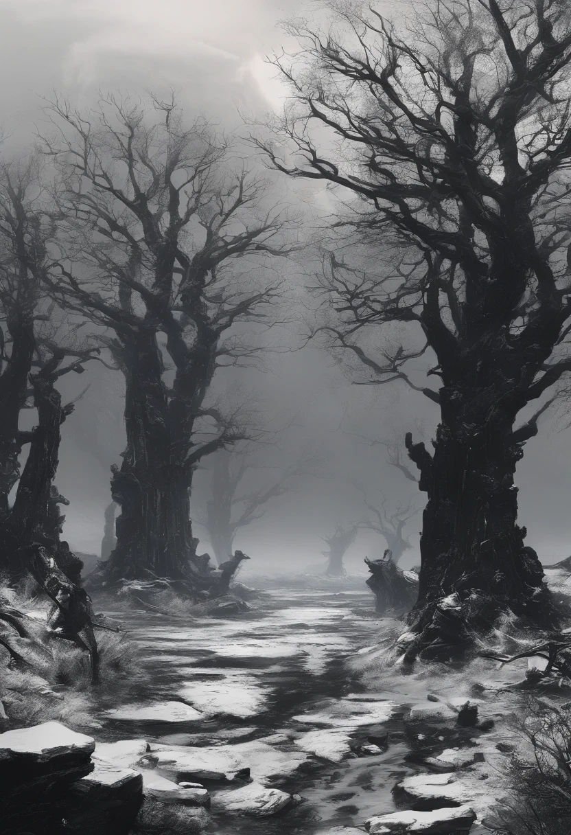 Boundless black land,Dotted white stones,Withered trees,A world without life,