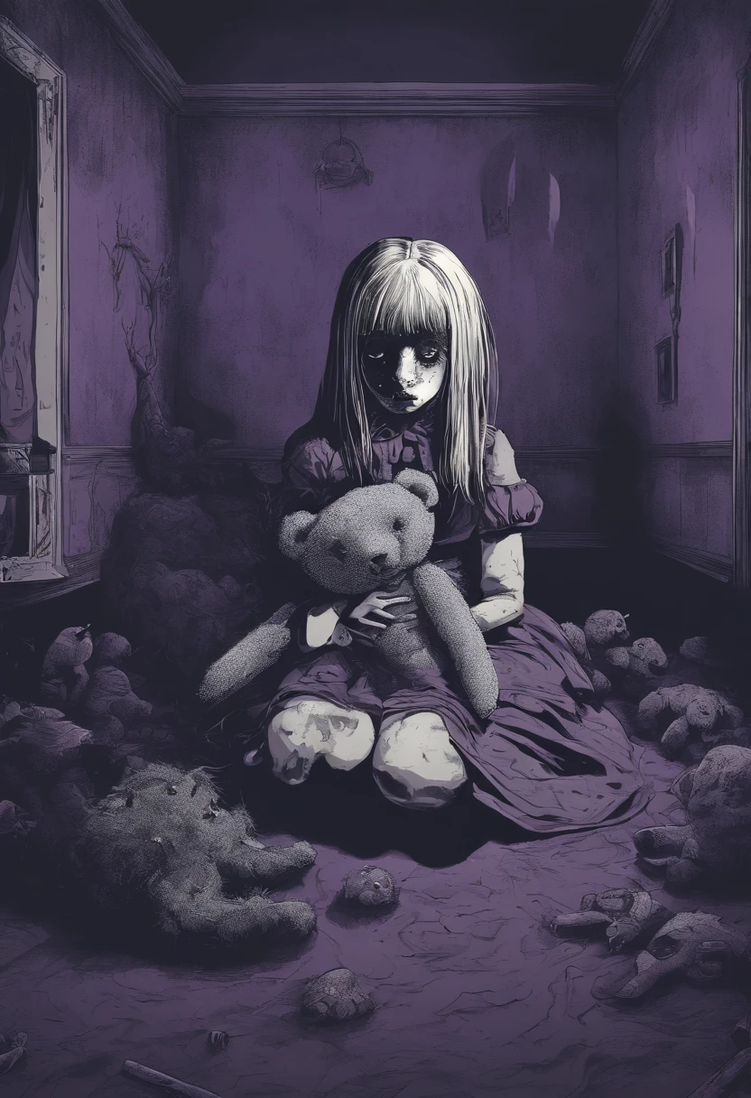 A sad adolescent girl with a lolita outfit, on her knees, holding a teddybear, in the middle of a dark purple room, shadow monsters around her, shadow hands, trauma