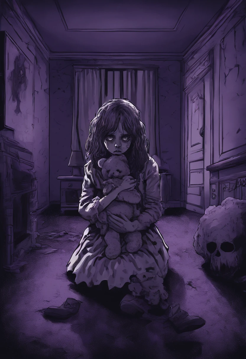 A sad adolescent girl with a ta outfit, on her knees, holding a teddybear, in the middle of a dark purple room, shadow monsters around her, shadow hands, trauma