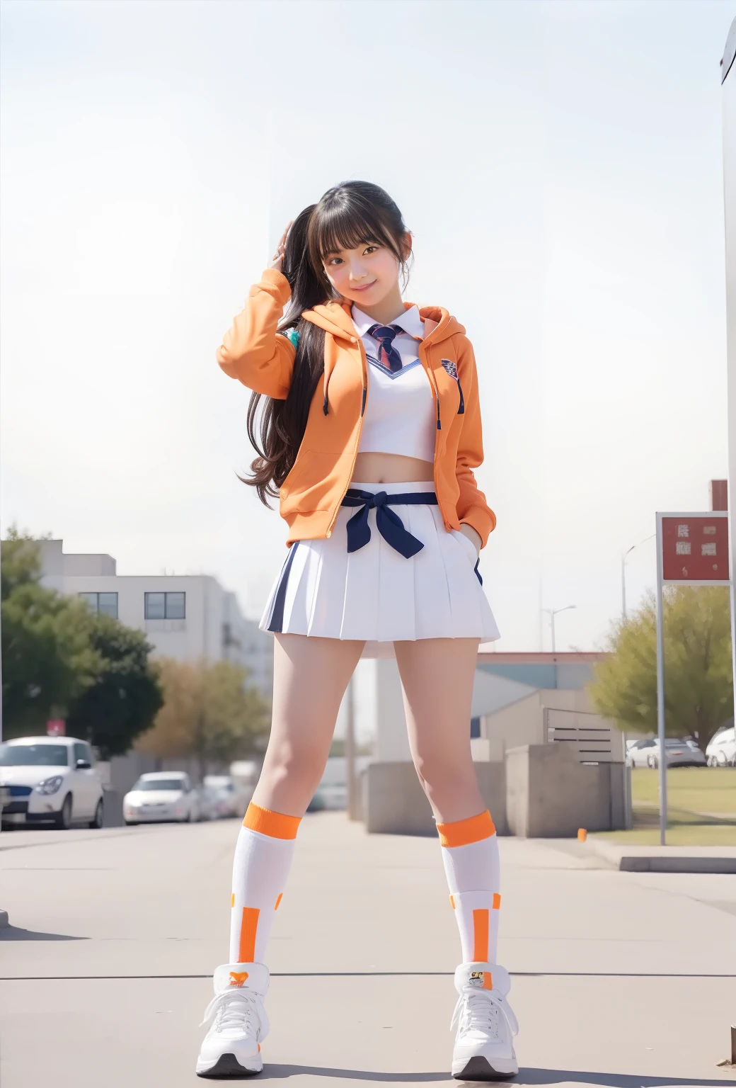 female high-school student、large full breasts、beautiful foot、Colorful hair、、Good Style、White and orange uniform hoodie、School Uniforms mini Skirt、Loose socks、Cute look