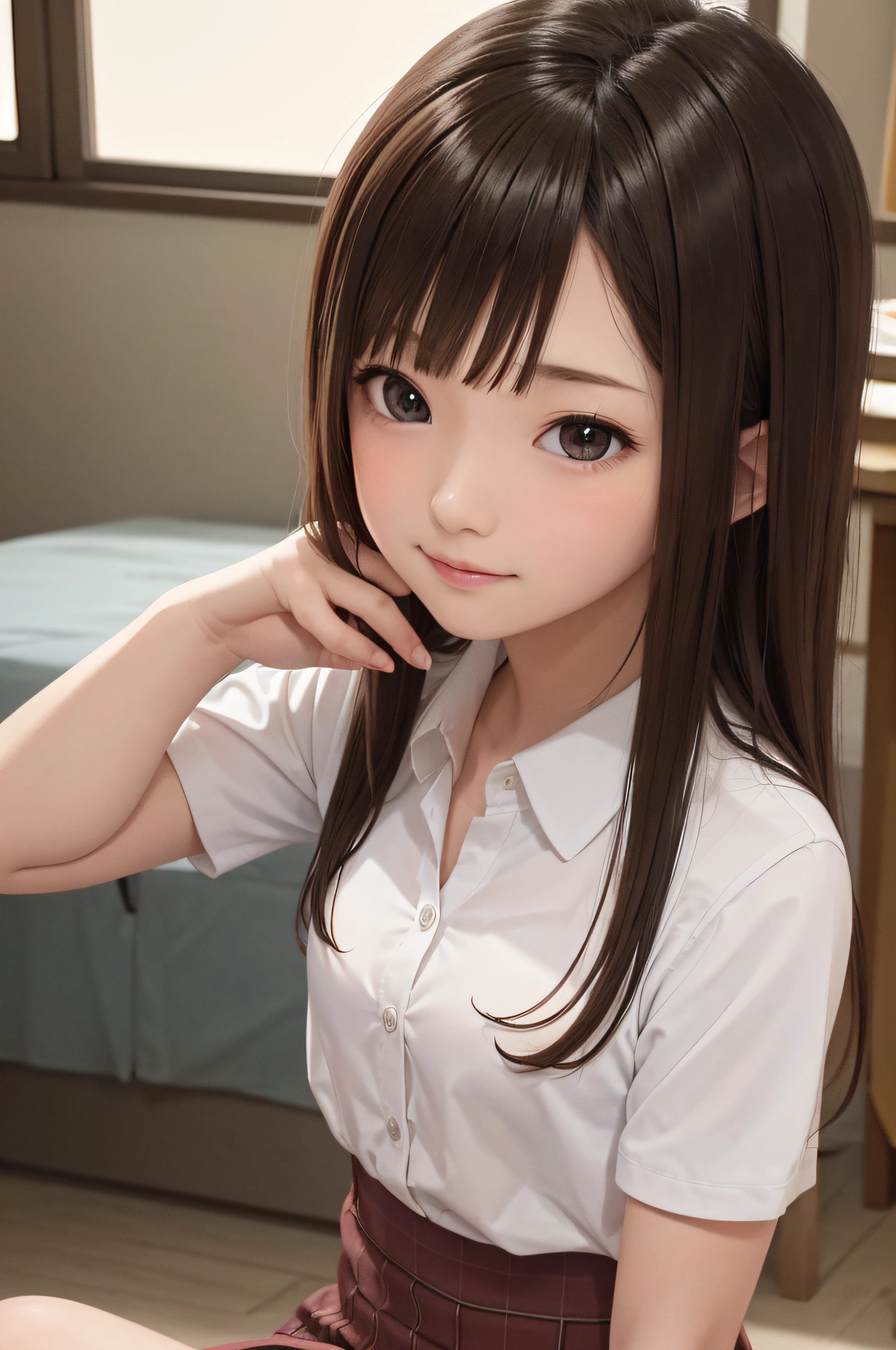-yeld wo、soio、brown haired、beautidful eyes、real looking skin、A detailed eye、hi-school girl、(8K、masterpiece)、(reallistic、Photorealsitic)、top-quality、ighly detailed、The ultra-detailliert、Beautie、cute little、japanes、a smile、Close-up portrait、Healthy face、schools、School uniform、Cardigan、plaid skirts