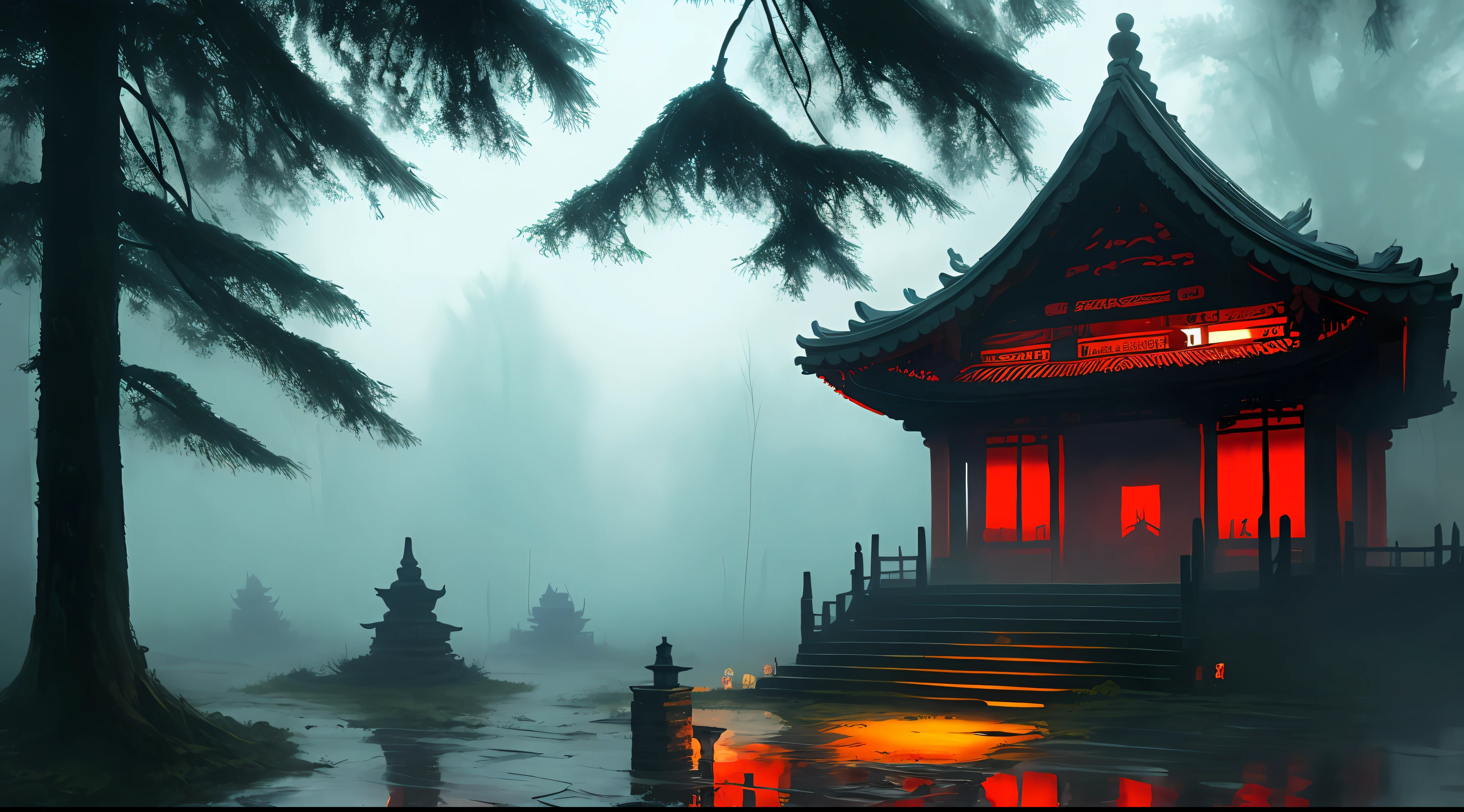 a dark old traditional chinese temple in the woods, stefan koidl inspired, bussiere rutkowski andreas rocha, by maxim verehin, inspired by maxim verehin, inspired by Tomasz Jedruszek, dark cinematic concept art, eerie nostalgic concept art, inspired by Igor Kieryluk, inspired by Ismail Inceoglu