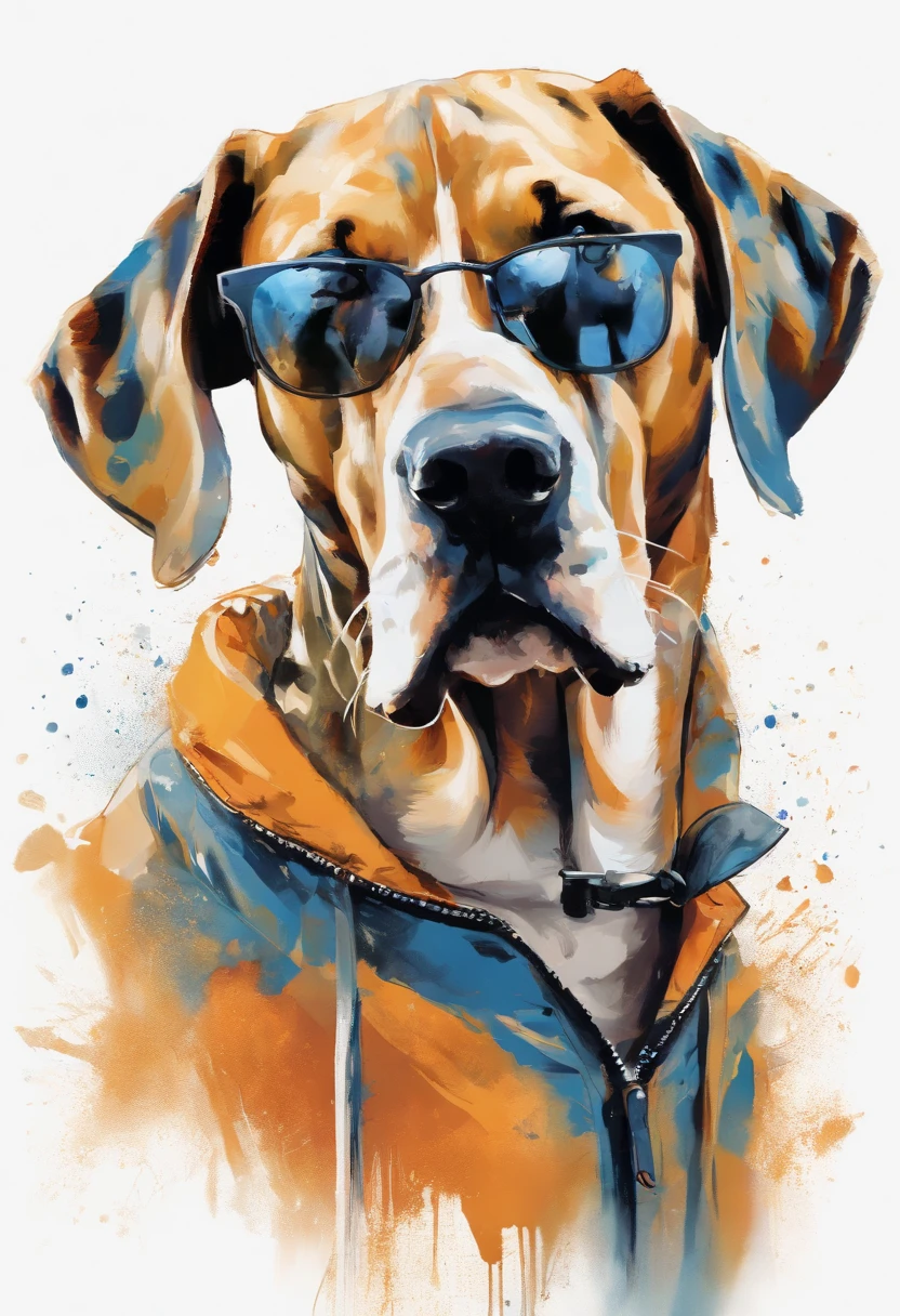 Perfect centering, Cute great dane puppy, Wear a student team jacket, Wearing sunglasses, Wearing headphones, cheerfulness, Standing position, Abstract beauty, Centered, Looking at the camera, Facing the camera, nearing perfection, Dynamic, Highly detailed, smooth, Sharp focus, 8K, high definition resolution, illustration, Art by Carne Griffiths and Wadim Kashin, White background
