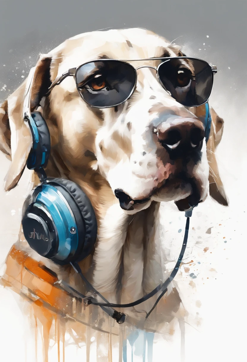 Perfect centering, Cute great dane puppy, Wear a student team jacket, Wearing sunglasses, Wearing headphones, cheerfulness, Standing position, Abstract beauty, Centered, Looking at the camera, Facing the camera, nearing perfection, Dynamic, Highly detailed, smooth, Sharp focus, 8K, high definition resolution, illustration, Art by Carne Griffiths and Wadim Kashin, White background