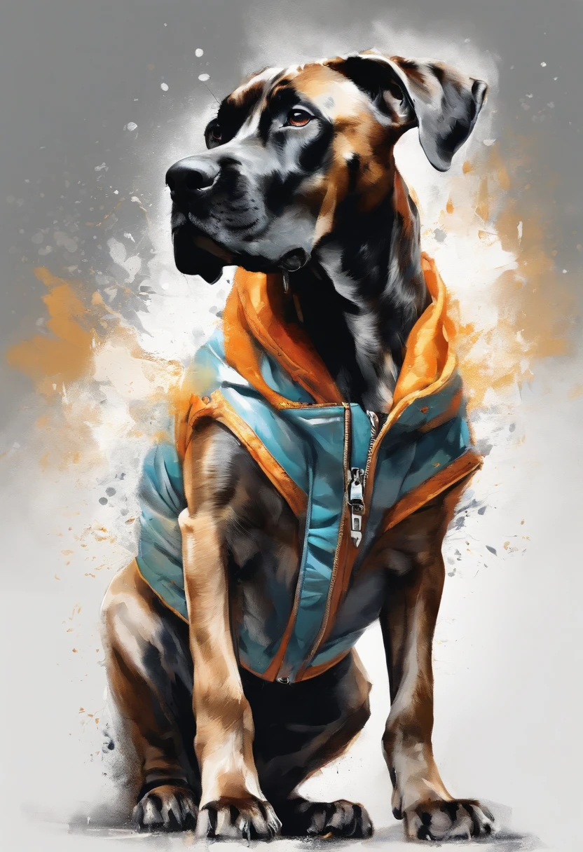 Perfect centering, Cute great dane puppy, Wear a student team jacket, Wearing sunglasses, Wearing headphones, cheerfulness, Standing position, Abstract beauty, Centered, Looking at the camera, Facing the camera, nearing perfection, Dynamic, Highly detailed, smooth, Sharp focus, 8K, high definition resolution, illustration, Art by Carne Griffiths and Wadim Kashin, White background