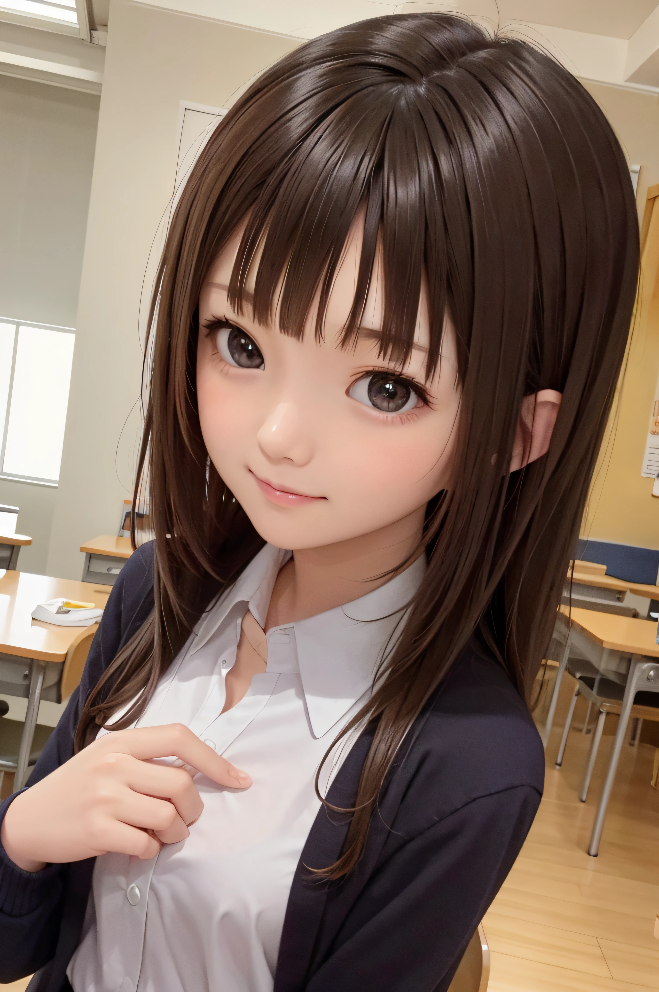 -yeld wo、soio、brown haired、beautidful eyes、real looking skin、A detailed eye、hi-school girl、(8K、masterpiece)、(reallistic、Photorealsitic)、top-quality、ighly detailed、The ultra-detailliert、Beautie、cute little、japanes、a smile、Close-up portrait、Healthy face、schools、School uniform、Cardigan、plaid skirts