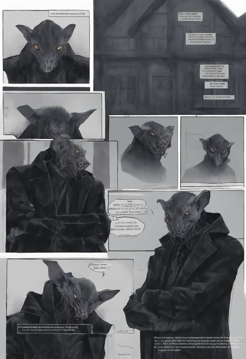 ah high, gaunt, broad-shouldered anthropomorphic rat (Furry). Black head and muzzle. Human eyes, steely gray and shine ominously. Black, hairlong, slicked back and braided into a pigtail. Wears dark, Stylistic, long coat.