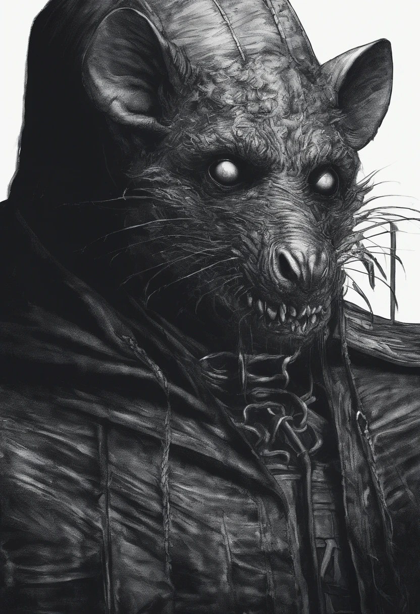 ah high, gaunt, broad-shouldered anthropomorphic rat (Furry). Black head and muzzle. Human eyes, steely gray and shine ominously. Black, hairlong, slicked back and braided into a pigtail. Wears dark, Stylistic, long coat.