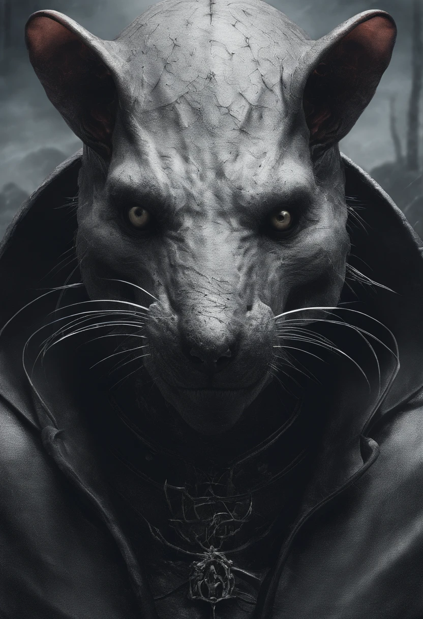 ah high, gaunt, broad-shouldered anthropomorphic rat (Furry). Black head and muzzle. Human eyes, steely gray and shine ominously. Black, hairlong, slicked back and braided into a pigtail. Wears dark, Stylistic, long coat.
