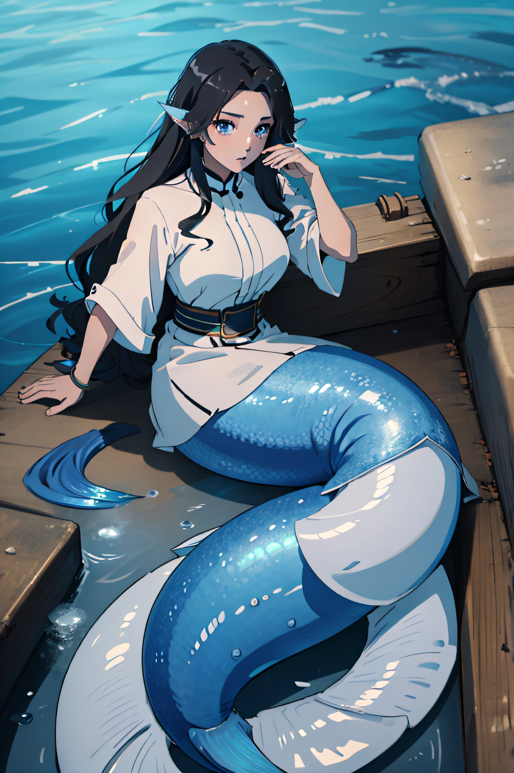 The mermaid is a 20-year-old girl, The Mermaid is a beautiful women, eternally youthful with black hair as long and silky as the waves, skin that will never burn and jewel-like blue eyes, Her fishtail is long, and covered in shimmering blue scales, she wears a white shirt, She laying in a fishing boat is located in a dock, the camera is using eye angle, in the fishing boat there is a lot of of fishing equipment, 8k, masterpiece, full body