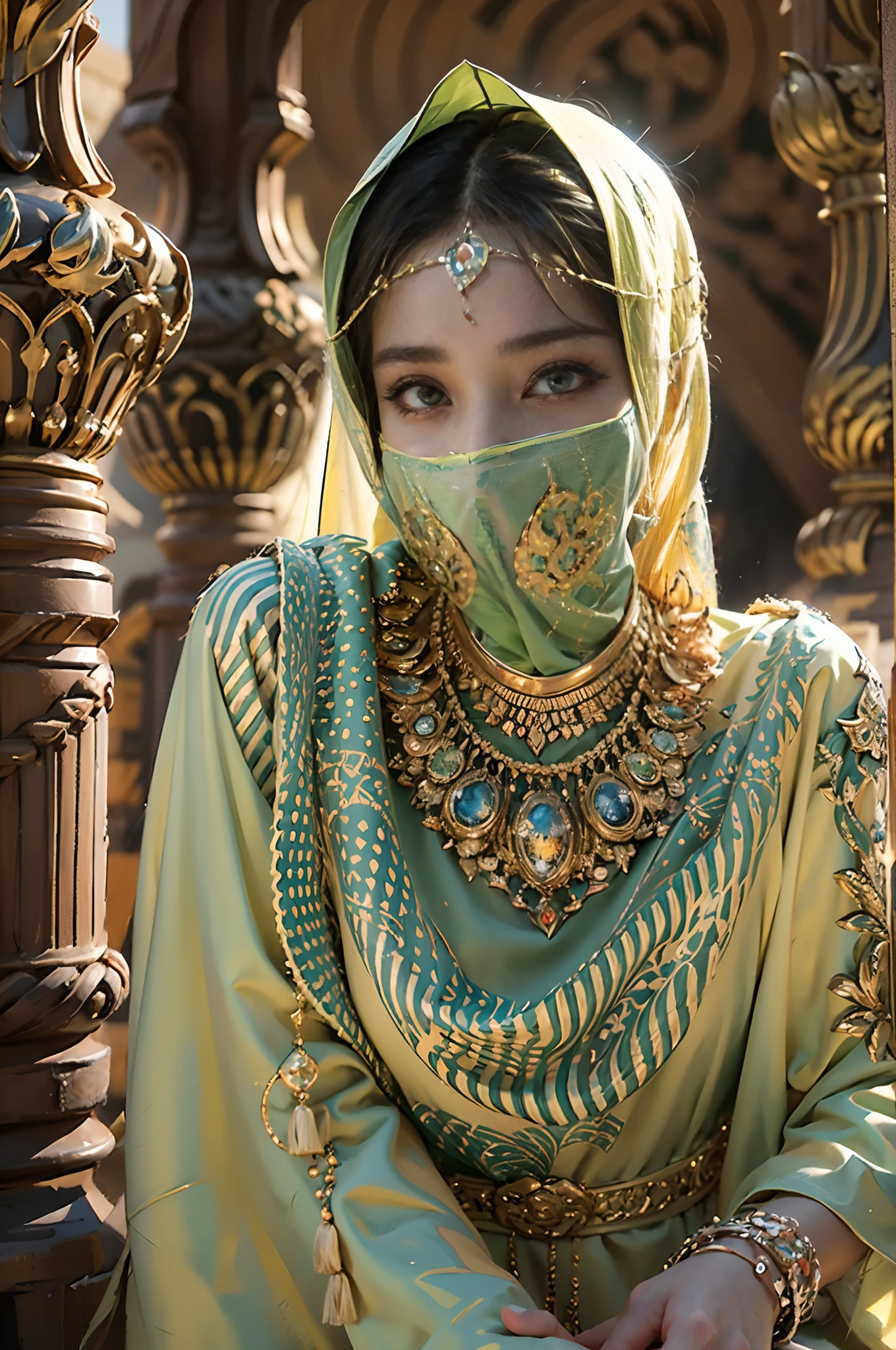 in a panoramic view，photorealestic，8K，Arabic style，golden hues，with blue sky and white clouds，Desert oasis，A market outside the luxury Arabic tent cluster，2 Arab slave girls，Wear a translucent traditional Arabian burqa，Arabic hijab，The Arabian veil is masked，Bind your hands，bound waist，anklet，sat on the ground，Eyes seductive，Masks, Masks，Gorgeously dressed，A noblewoman in a lavish Arabian burqa，See them up close，All masked，Perfectcomposition，professinal，Meistwick，commissioned，best qualtiy，color corrected，After fixation，Retouching，Improvement，Epic，Tone-mapping，the detail， highly  detailed， digitial painting， art  stations， Conceptual map of the long dam， Smoothness， Sharp focus， Beautiful illustration， photore， The light from the back window is backlighted， 动态照明， Mist， 复杂， cinematic grain， professinal， face to the viewer，（Beautiful m3d_woman， Perfect M3D_face,）， Volumetriclighting， subsurfacescattering， Good highlights， Good shadows， cinematic ligh