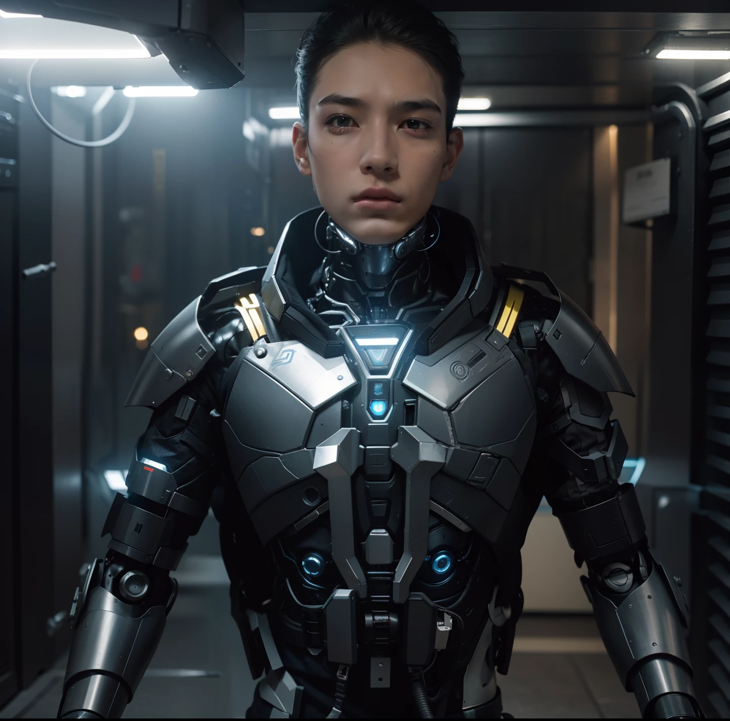 20 Years old Male wearing a black Robot armor, Full Metal body, ，Male, Iron garments：1.5)，（Metallic body, cybernetic neck implant, portrait of a futuristic robot armor：1.3）（dystopian sci-fi character, sci - fi character, portrait of a cyberpunk cyborg：1.2）（8K，Extreme detail，Hair in extreme detail，Ultra photo realsisim，cinmatic lighting：1.1), blue and yellow dramatic lighting.