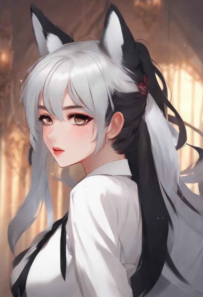 Black hair in a ponytail, wolf ears, ear black eyes with a white pupil, white shirt, black skirt