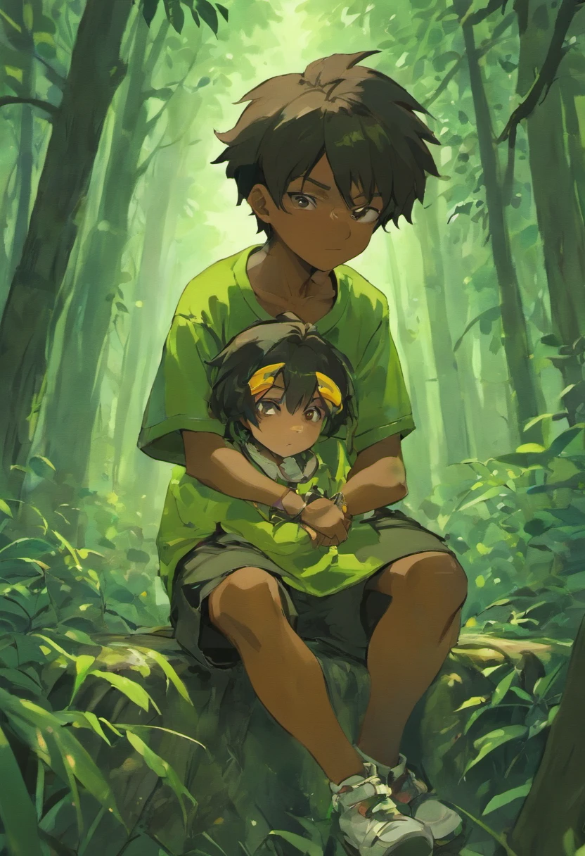 a -year, blaman with the shirt of Brazil in the middle of the forest sitting with his legs entwined and with his hand on a jaguar