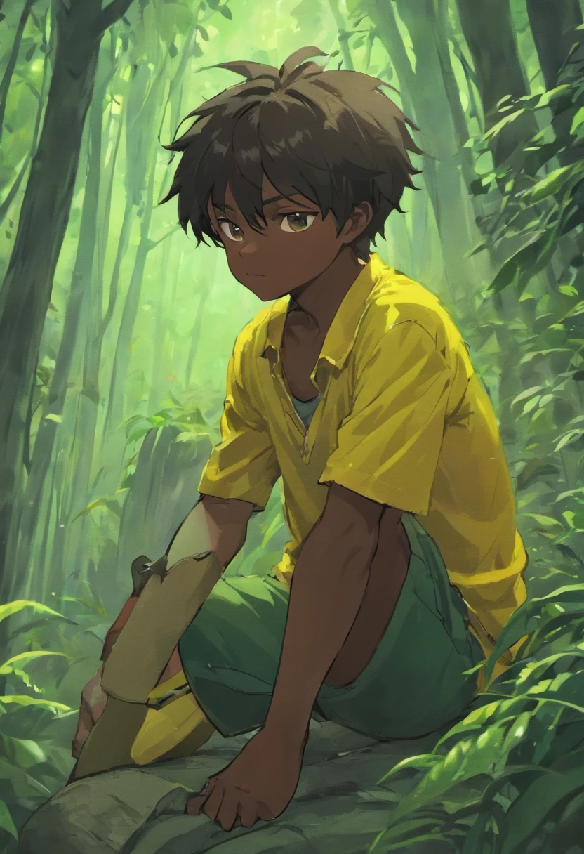a -year, blaman with the shirt of Brazil in the middle of the forest sitting with his legs entwined and with his hand on a jaguar