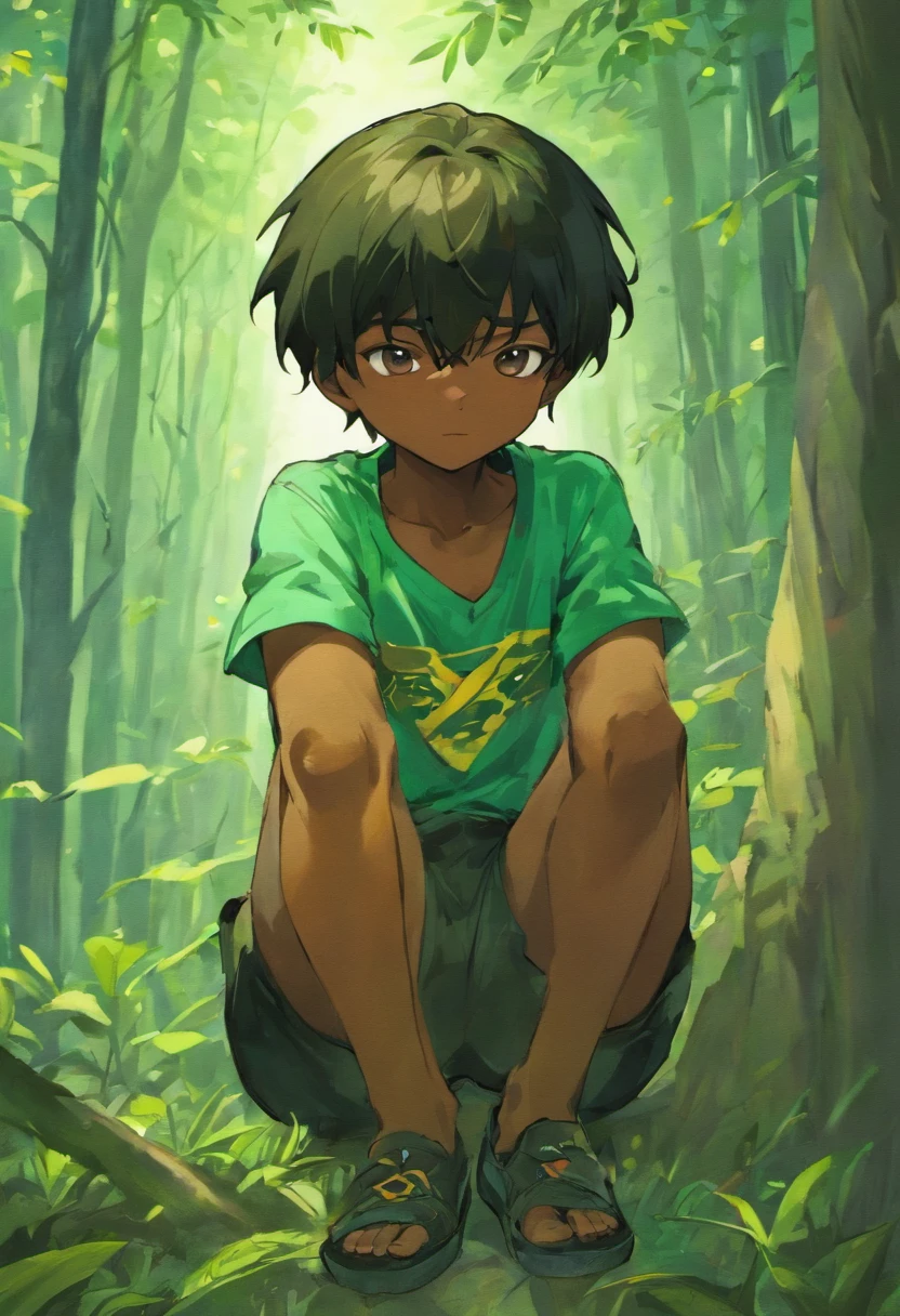 a -year, blaman with the shirt of Brazil in the middle of the forest sitting with his legs entwined and with his hand on a jaguar