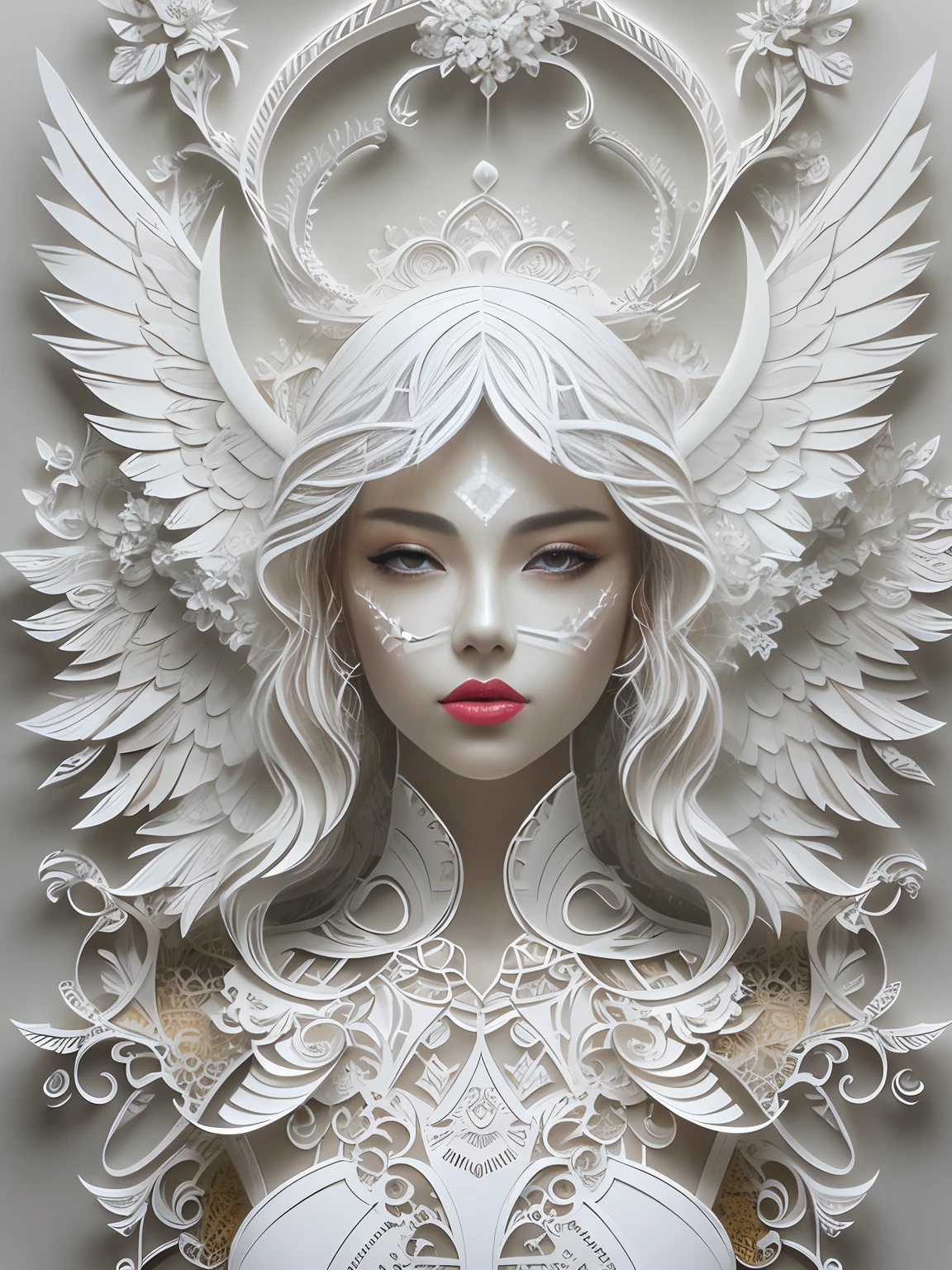 tmasterpiece，k hd，8K，rendering。(((arte em papel cortado，Flat paper cutout，paper art，layered paper art，paper cut out，Hollow-out on，sculpted)))。（（beautiful angel，Beautiful facial features，Redlip，the angel's wings，White）），3D立体，Complex digital art，, karol bak uhd, intricate beautiful faces, gorgeous digital art, 3 d goddess portrait, beautiful gorgeous digital art, beautiful intricate face, Beautiful digital artwork, beautiful digital art, digital intricate art, stunning digital art, Beautiful art UHD 4 K, intricate wlop, Very Beautiful Digital Art