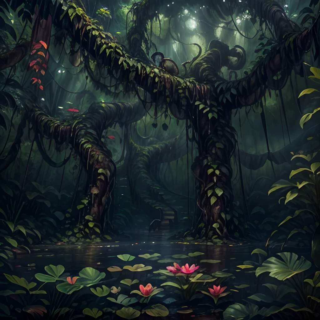 Lianas hang in the swamp, swamp lianas, Lianas hang from tree branches. Flowers, thickets, lakes, swamps, fog, jungle, small bushes, small flowers, dynamic lighting, water lake, big beautiful flower, bushes, jungle bush, root, big root, jungle plants, plants in waters, night, stars, bioluminescense, night sky, Nebula in the sky
