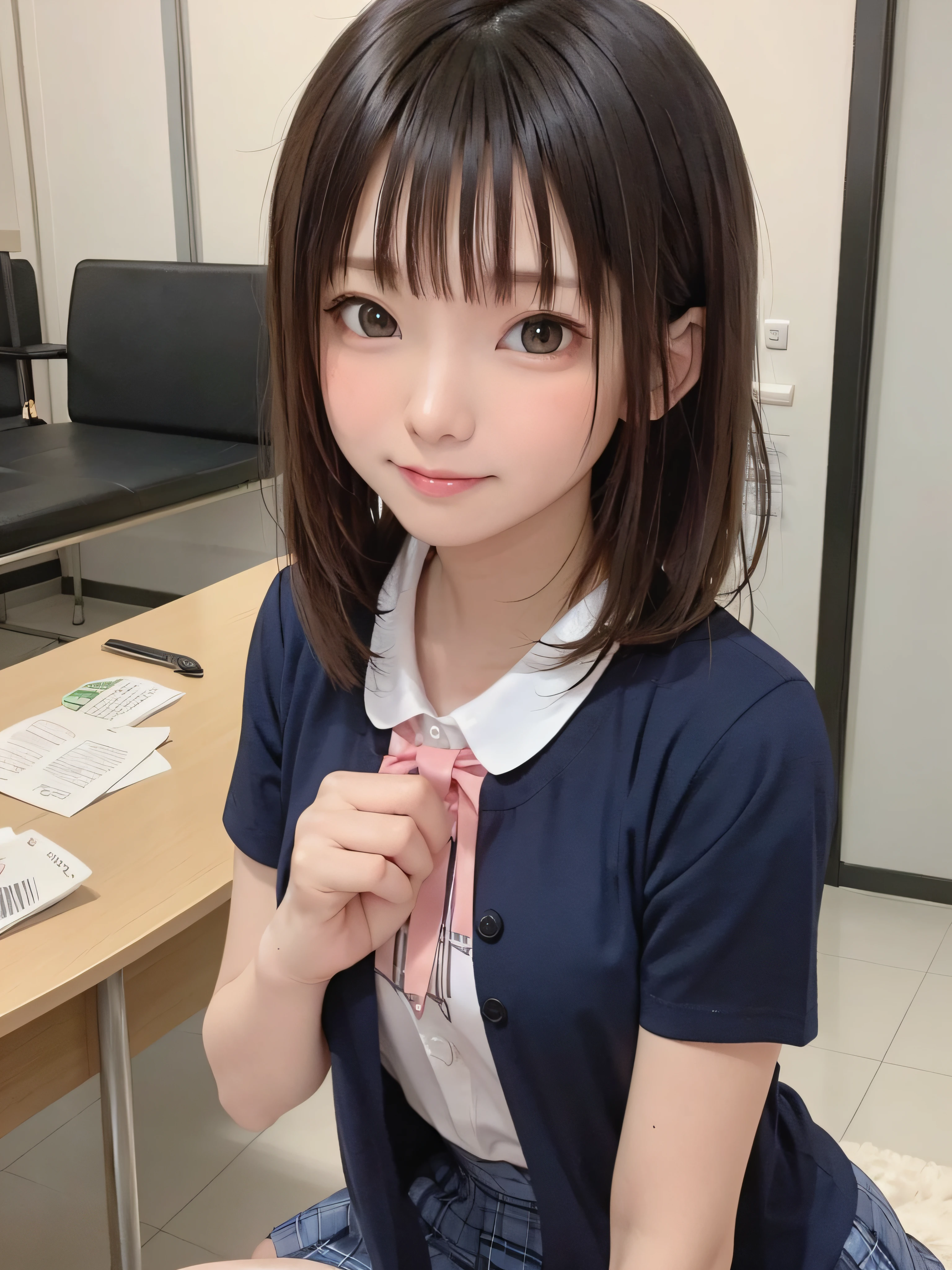 -yeld wo、soio、brown haired、beautidful eyes、real looking skin、A detailed eye、hi-school girl、(8K、masterpiece)、(reallistic、Photorealsitic)、top-quality、ighly detailed、The ultra-detailliert、Beautie、cute little、Korea person、a smile、Close-up portrait、Healthy face、schools、School uniform、Cardigan、plaid skirts
