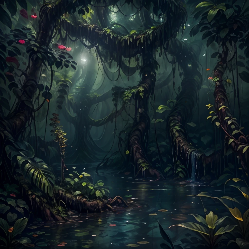 Lianas hang in the swamp, swamp lianas, Lianas hang from tree branches. Flowers, thickets, lakes, swamps, fog, jungle, small bushes, small flowers, dynamic lighting, water lake, big beautiful flower, bushes, jungle bush, root, big root, jungle plants, plants in waters, night, stars, bioluminescense, night sky, Nebula in the sky