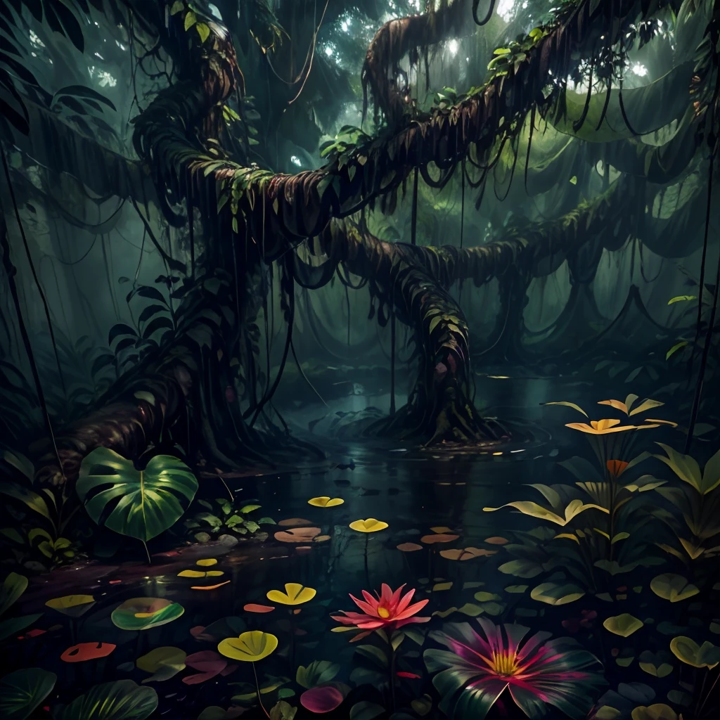 Lianas hang in the swamp, swamp lianas, Lianas hang from tree branches. Flowers, thickets, lakes, swamps, fog, jungle, small bushes, small flowers, dynamic lighting, water lake, big beautiful flower, bushes, jungle bush, root, big root, jungle plants, plants in waters, night, stars, bioluminescense, night sky, Nebula in the sky