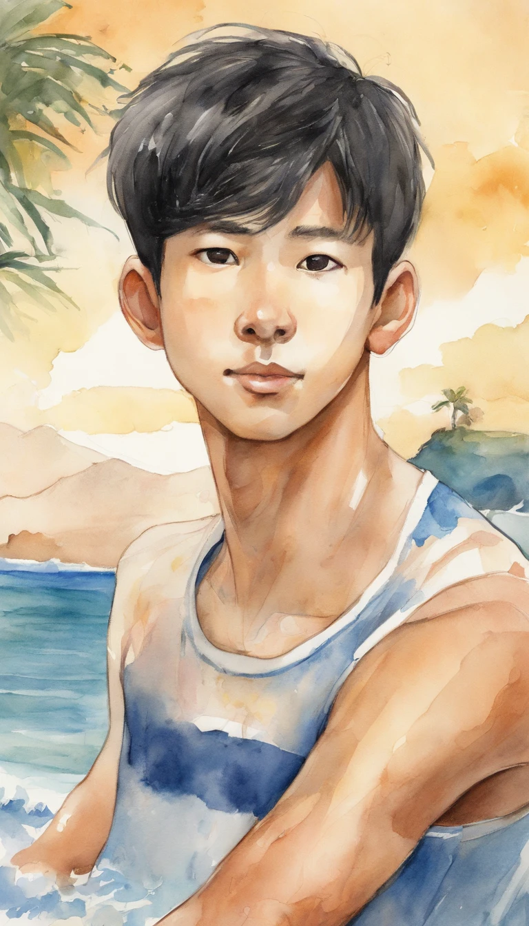 A high resolution, Takubio Kageyama ,Haihisa!!, Black hair, Solo, 1boys, Male, beach, Sea, outside, Detailed eyes, Close up, Beach volleyball, Full face