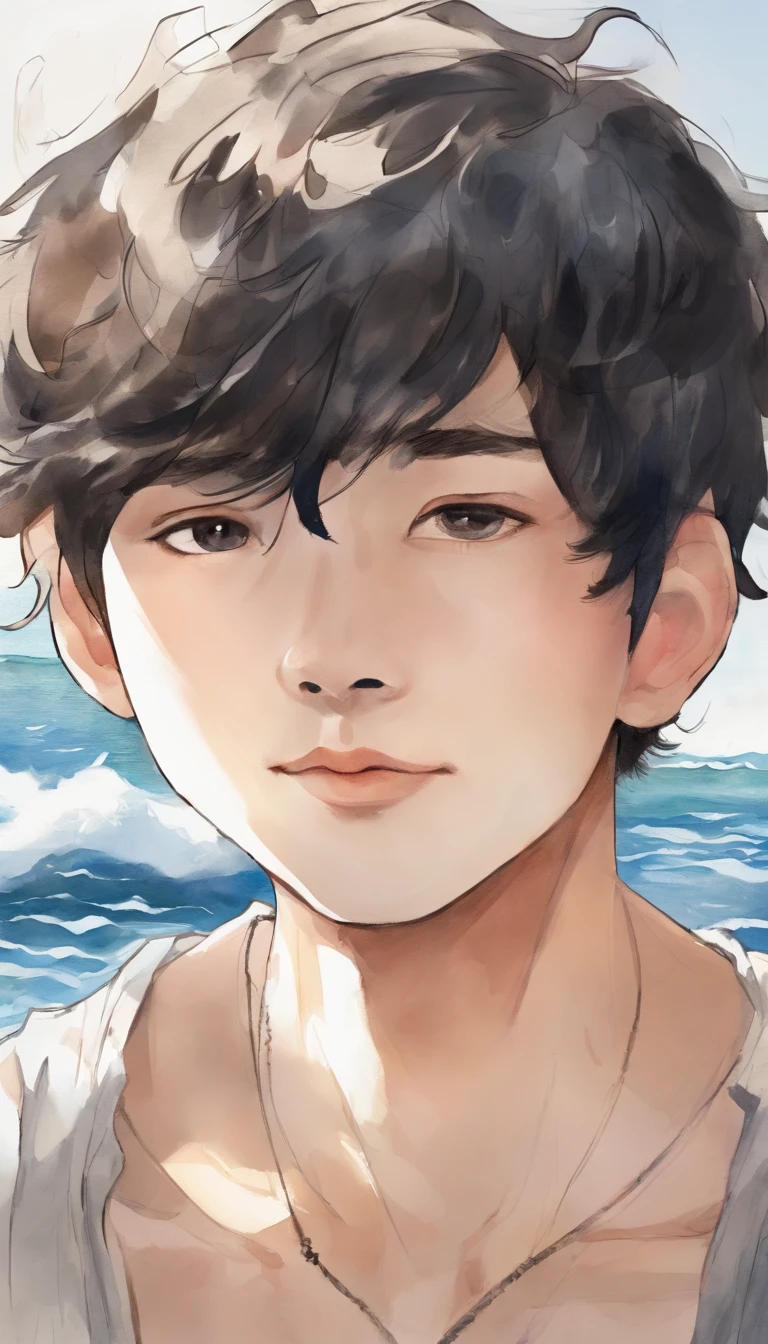 A high resolution, Takubio Kageyama ,Haihisa!!, Black hair, Solo, 1boys, Male, beach, Sea, outside, Detailed eyes, Close up, Beach volleyball, Full face