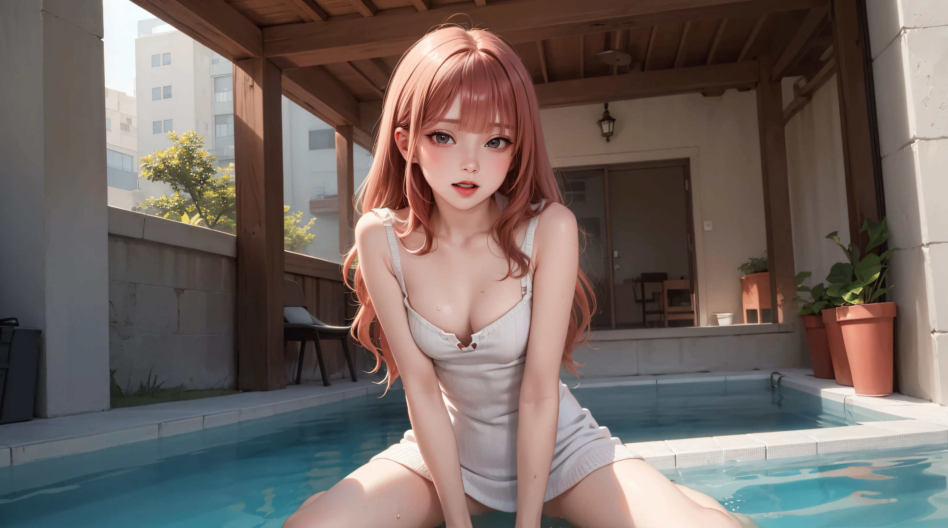 from below,(1girl),(embarrassed,orgasm,aroused,naughty face),(realistic:1.5,high resolution,best quality),masterpiece,full body,pale skin,(extra long shiny hair,blunt bangs,extra light coppery red hair,Curl outward,hair over one eye),pointy breasts,medium breasts,looking at viewer,pool side,knit dress,(orgasm,blank look),sit with one knee up