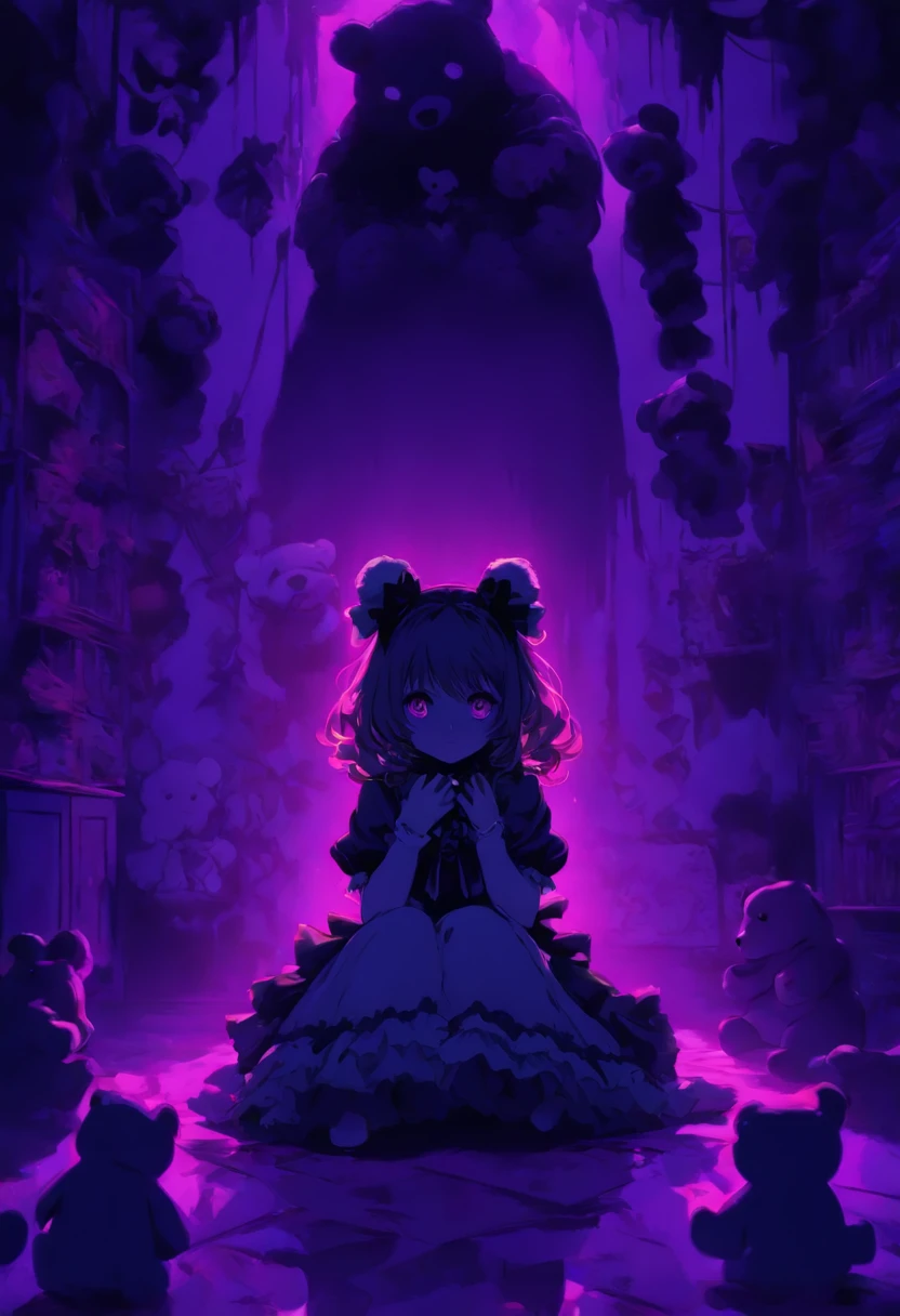A sad adolescent girl with a lolita outfit, on her knees, holding a teddybear, in the middle of a dark purple room, shadow monsters around her, shadow hands, trauma