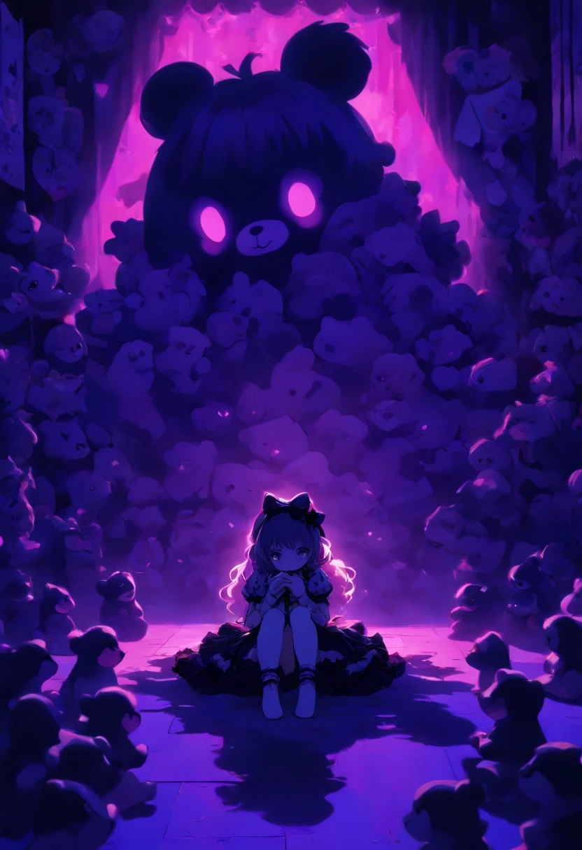 A sad adolescent girl with a lolita outfit, on her knees, holding a teddybear, in the middle of a dark purple room, shadow monsters around her, shadow hands, trauma
