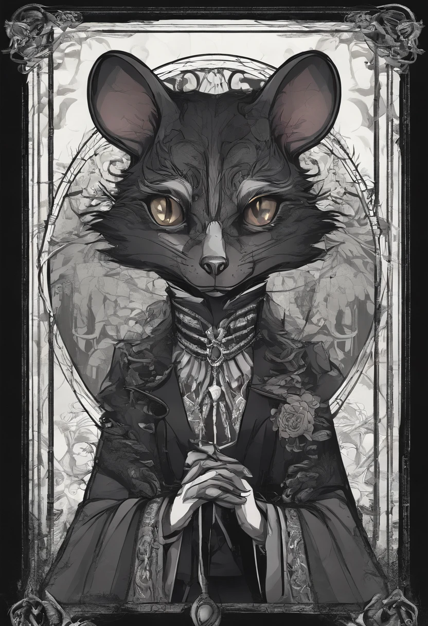 ah high, gaunt, broad-shouldered anthropomorphic rat (Furry). Black head and muzzle. Human eyes, steely gray and shine ominously. Black, hairlong, slicked back and braided into a pigtail. Wears dark, Stylistic, long coat.
