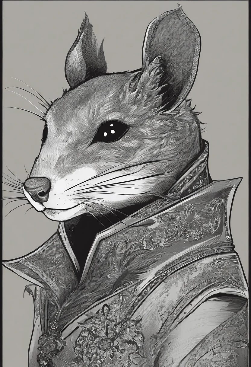 ah high, gaunt, broad-shouldered anthropomorphic rat (Furry). Black head and muzzle. Human eyes, steely gray and shine ominously. Black, hairlong, slicked back and braided into a pigtail. Wears dark, Stylistic, long coat.
