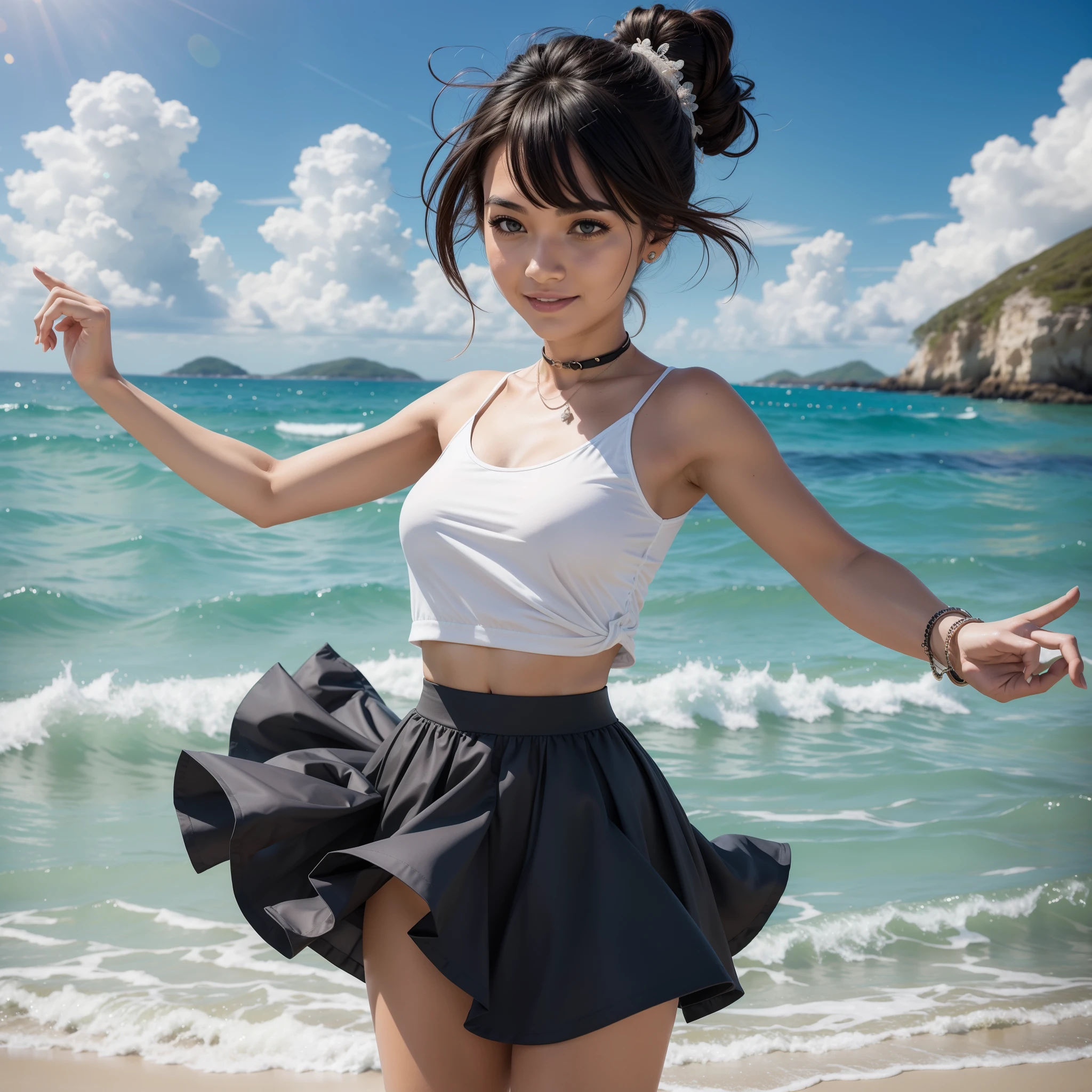 Woman wearing a skirt and a small top in a beach danccing happy