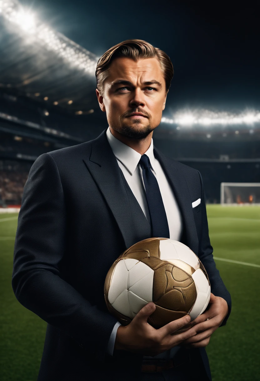 (((Leonardo DiCaprio))), wearing soccers player outfit, looking at viewer, portrait, hyper detailed POV, rich colors, hyper realistic, lifelike texture, dramatic lighting, standing in a soccer Stadium, detailed symmetric realistic face, extremely detailed natural texture, extremely detailed, amazing, fine detail, photo realistic, RAW photo, TanvirTamim, high quality, highres, sharp focus, extremely detailed, cinematic lighting, Top image quality, hight resolution, full body,、play along the stadium, Ball, (((see the whole body))), Edge Of Realism, lifelike texture, dramatic lighting, hdr
