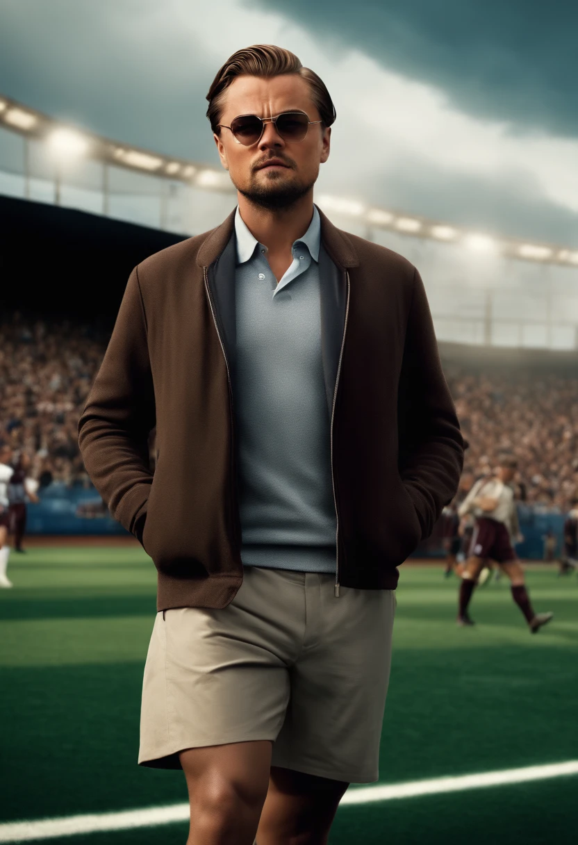 (((Leonardo DiCaprio))), wearing soccers player outfit, looking at viewer, portrait, hyper detailed POV, rich colors, hyper realistic, lifelike texture, dramatic lighting, standing in a soccer Stadium, detailed symmetric realistic face, extremely detailed natural texture, extremely detailed, amazing, fine detail, photo realistic, RAW photo, TanvirTamim, high quality, highres, sharp focus, extremely detailed, cinematic lighting, Top image quality, hight resolution, full body,、play along the stadium, Ball, (((see the whole body))), Edge Of Realism, lifelike texture, dramatic lighting, hdr