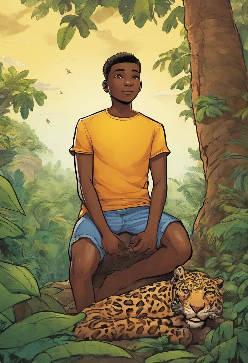 a five-year-old, black man with the shirt of Brazil in the middle of the forest sitting with his legs entwined and with his hand on a jaguar