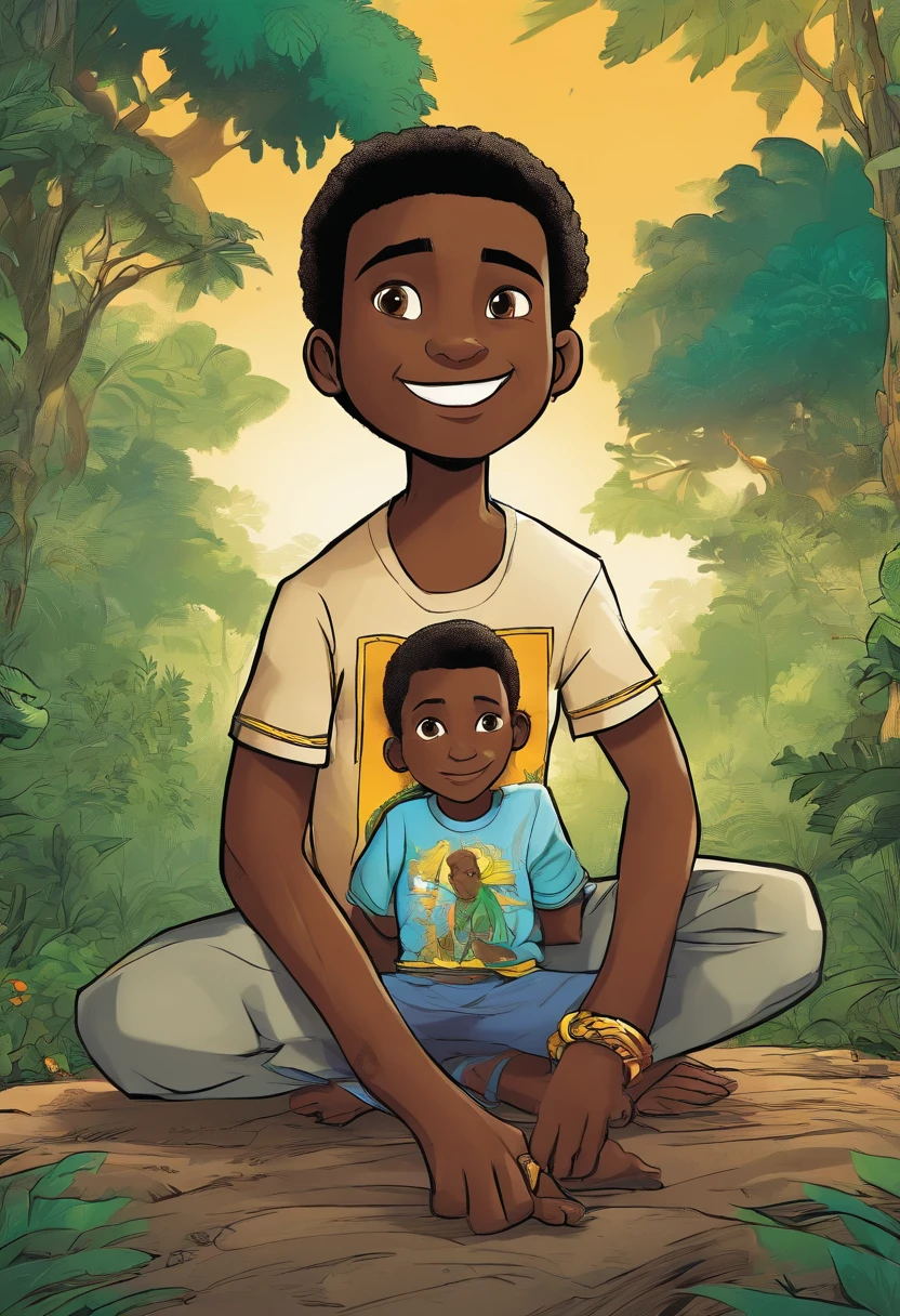 a five-year-old, black man with the shirt of Brazil in the middle of the forest sitting with his legs entwined and with his hand on a jaguar