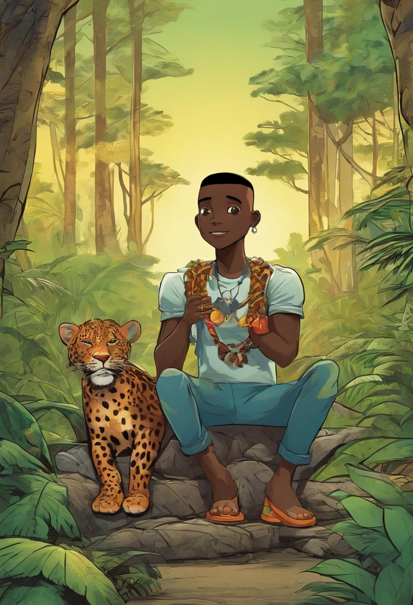 a -year, blaman with the shirt of Brazil in the middle of the forest sitting with his legs entwined and with his hand on a jaguar