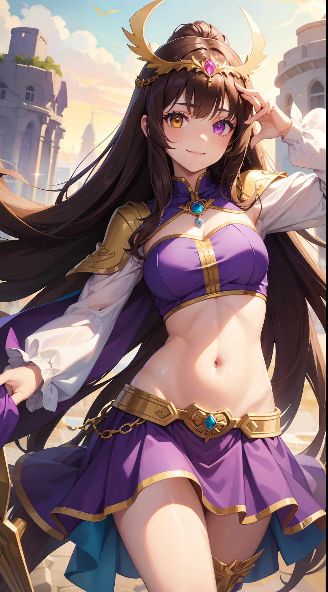 young girl, Long brown hair, Heterochromia, purple and yellow eyes, Smile, purple tight top, Turquoise skirt, open belly, Cape King, diadem, Gold Elements, She-ra, Masterpiece, hiquality, 4k, HD, Good detail