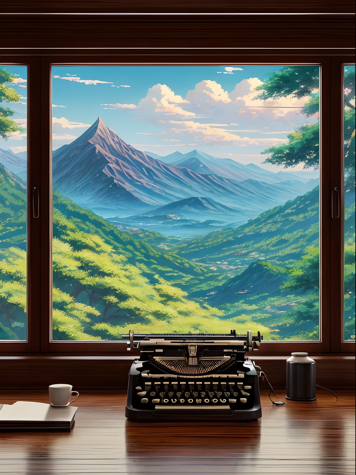 There is a realistic photograph of a typewriter on a desk overlooking a window through which to see the mountain, detailed scenery—width 672, arte de fundo do anime, paper awesome wallpaper, Anime Art Wallpaper 8K, visual da chave de fundo do anime, 4 k manga wallpaper, Anime Art Wallpaper 4K, Anime Art Wallpaper 4K, pintura detalhada 4K, anime scenery, studio glibly makoto shinkai