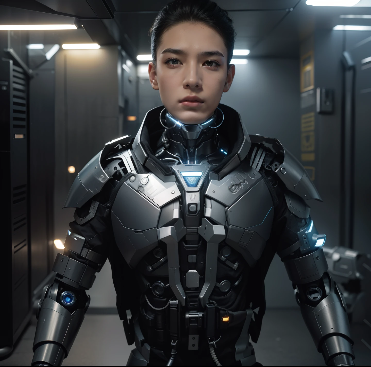 20 Years old Male wearing a black Robot armor, Full Metal body, ,Male, Iron garments:1.5),(Metallic body, cybernetic neck implant, portrait of a futuristic robot armor:1.3)(dystopian sci-fi character, sci - fi character, portrait of a cyberpunk cyborg:1.2)(8K,Extreme detail,Hair in extreme detail,Ultra photo realsisim,cinmatic lighting:1.1), blue and yellow dramatic lighting in face. ((Natural Mix with face))