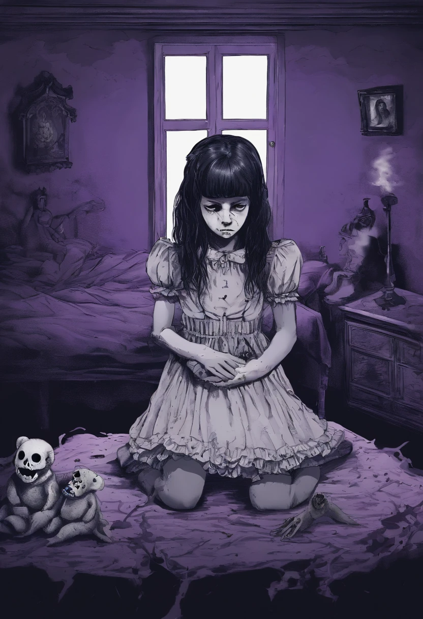 rating_safe, score_9_up, score_8_up, score_7_up, uncensored, pale doll-skin, cute eerie face, child-like proportions, big eyes, ((short black hair)), tiny young prepubescent asian creepy child-doll collapsing on bed, kneeling, (19th century frilly dress), kuudere, narrow hips, porcellain skin, red eyes, shocked pinprick pupils, cute eerie doll face, stockings, ((doll-joints)), skinny and eerie cutie, (bedroom background), thin body, dimly lit, nightsky visible through simple small window, moonlight, closeup, closed mouth, closeup, small breasts,