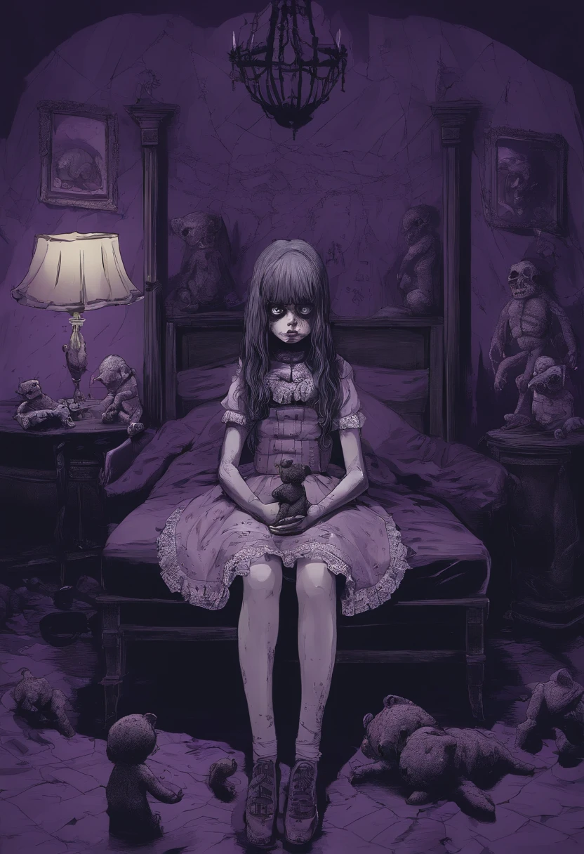 A sad girl with a lolita outfit, on her knees, holding a teddybear, in the middle of a dark purple room, monsters around her trying to grab her, trauma, nightmare