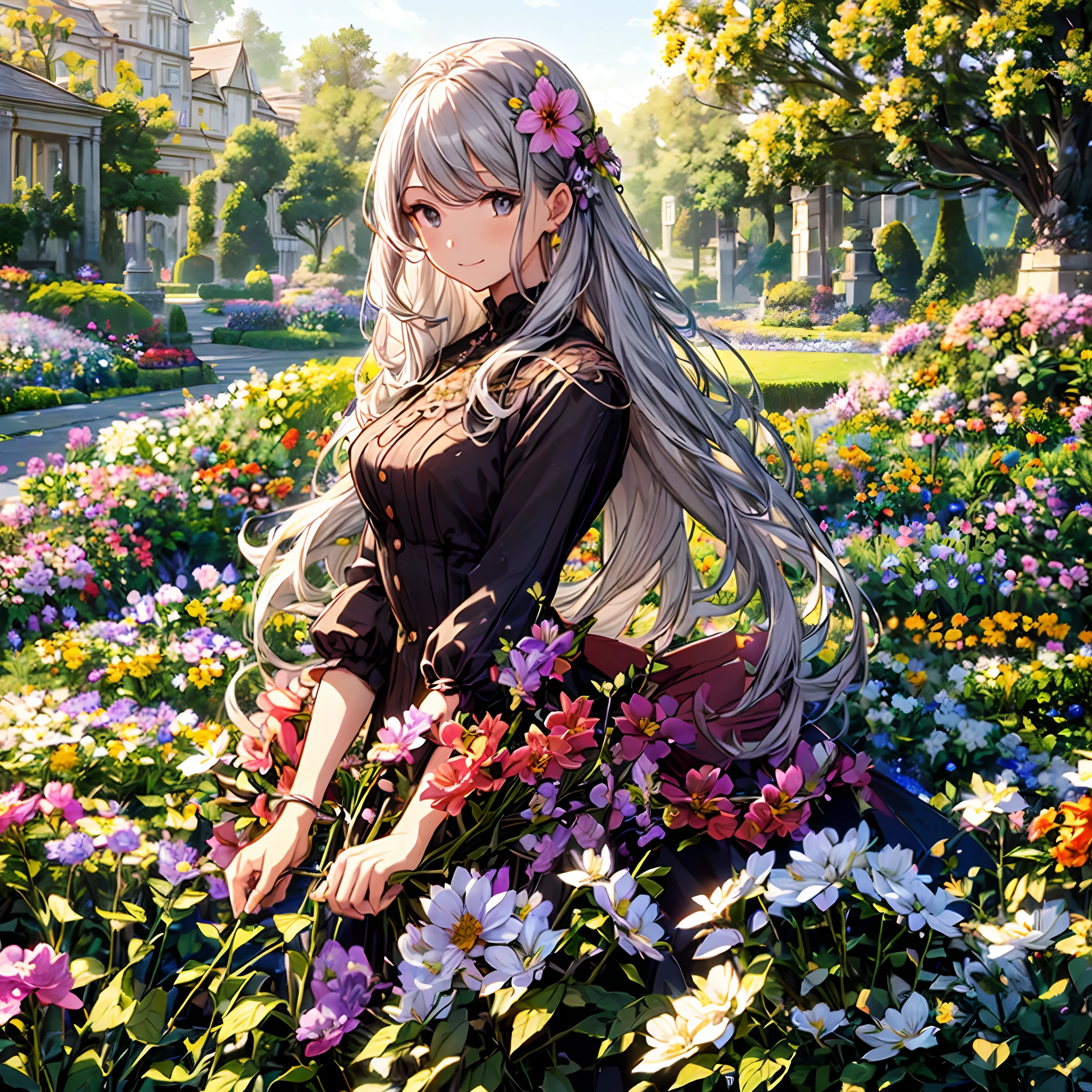 absurderes, hight resolution, (Official art, Beautiful and aesthetic:1.2), (Close View:1.2), Front composition,
1girl in, (Long hair:1.2), Gray hair, Wavy Hair, Smile,
(Everywhere in the flower garden:1.6), (Flower Effects:1.2), (Floral background:1.2), (Background filled with flowers:1.4), (Fancy backgrounds:1.1),